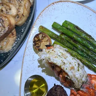 Garlic Bread, Truffle Mac &amp; Cheese, Surf &amp; Turf 6oz Filet w/ Lobster Tail and Asparagus