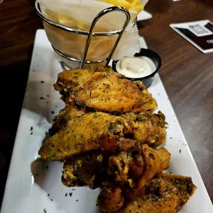 chicken wings and fries
