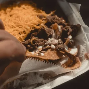 A close-up of the super nachos