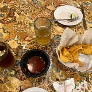 a table with food and drinks