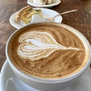 Almond milk latte and quiche