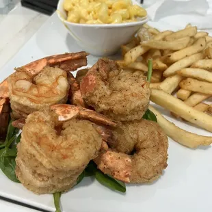 Shrimp dinner with Mac and fries