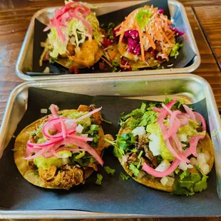 asada, chicken, shrimp, bang bang cauliflower tacos - all served cold