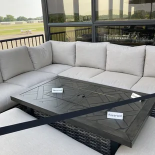 a couch with a coffee table on it