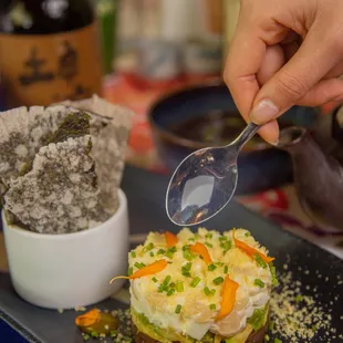 Hokkaido Tartare - Hokkaido Scallops, Cured Egg Yolk, Ahi Tuna, Avocado, Truffle. ⁠