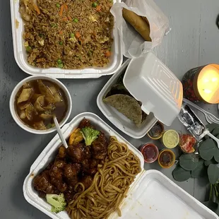 Dinner orange peel (Chicken ) C6. Lo-Mein noodles 2. Fried Rice B2. Chicken Wonton Noodle Soup Tacos