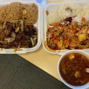 Mongolian Beef (left), Kung Pao w/no peanuts (right), hot &amp; sour soup.
