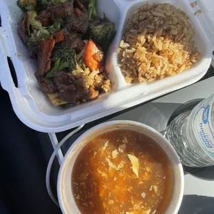 12. Beef with Broccoli, fried roce, Hot and sour soup. Ate the spring roll Before photo was taken lol