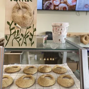 a display of sesame bagels