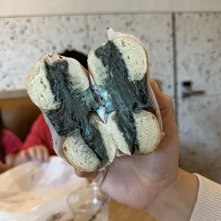 Plain bagel with Cookie Monster spread