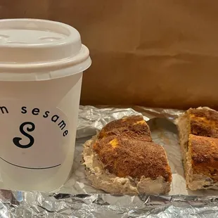 French Toast Bagel with Bananas Foster cream cheese   Brewed coffee