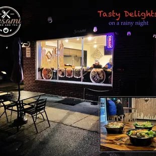 the outside of a restaurant at night
