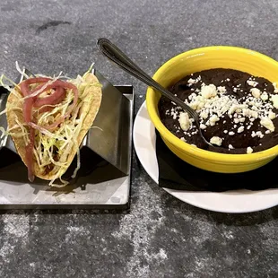 BBQ Chicken Taco and a Side of Refried Black Beans