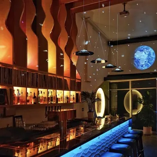 a bar with blue lights