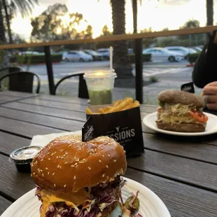 Spicy Crispy Crunchy Chicken sandwich, Meddock Melee sandwich, Skinny fries, Iced Matcha Green Tea