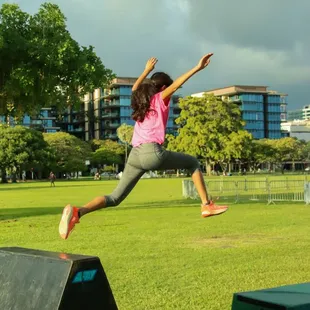 Jumping over a gap from a box to a crash pad.