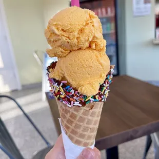 Mango Ice Cream in a Waffle Cone