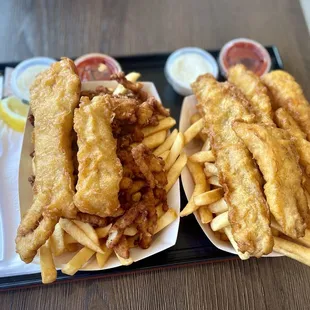 Fish &amp; Clams with Chips (left), Fish and Shrimp with Chips (right)