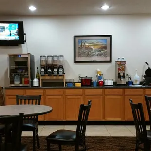 Breakfast - cold cereals, biscuits and gravy, and a waffle machine.