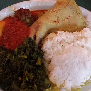 Padang rice/nasi padang for $6.50 Comes with chicken curry,BEEF RENDANG,SPICY BOILED EGG,stir fry kale authentic Indonesian