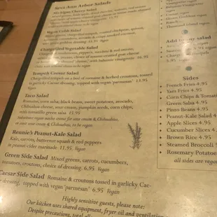 a menu on a wooden table