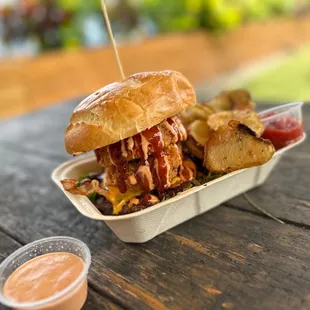 Burger with fresh made chip fries.