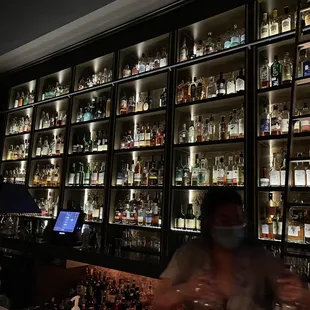 a man sitting at a bar in front of a wall of liquor bottles