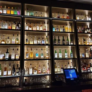 a wall of liquor bottles in a bar