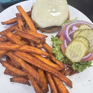 Burger and sweet potato fries