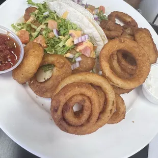 Fish tacos and onion rings