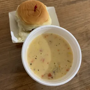 Meatball slider and shrimp and corn chowder.
