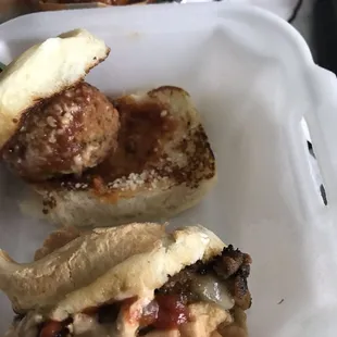 Meatball with marinara and C-bus Slider (like a mini philly)