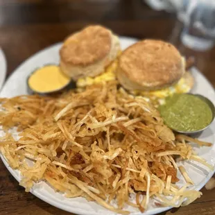 Farmhouse biscuit sandwiches with crispy hashbrowns