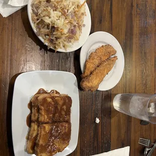 Cinnamon roll French toast, hash browns and chicken strips