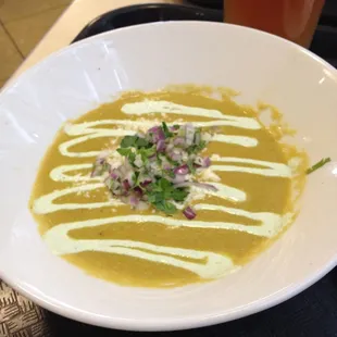 Roasted Corn and Poblano Chowder* Garnished with cilantro crema, aged Cotija cheese and red onion.DELICIOUS!