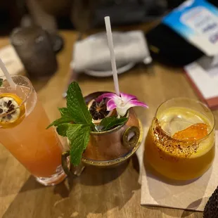 Limonada de guayaba mocktail, mule de guayaba, and mango bajito (left to right)