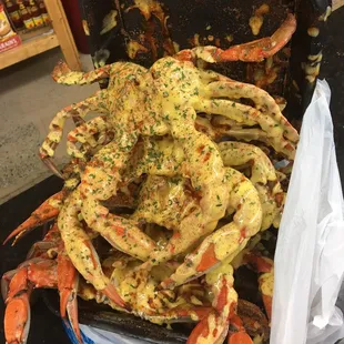 Freshly prepared jumbo garlic blue crabs