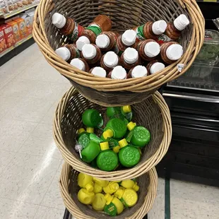 three baskets of fruit and vegetables