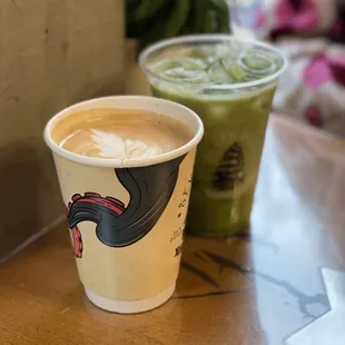 Blackberry vanilla latte and coconut milk matcha latte.