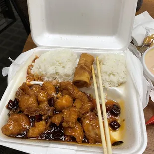 C3. General Tsos Chicken (Spicy), T2. Egg Drop Soup, A1. Egg Rolls, white rice