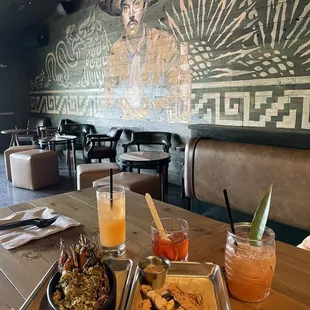 DELICIOUS roasted carrots and cactus fries  Drinks from top to bottom: Meztik, Tamarid Negroni, Tee Kee-Ta Kee,