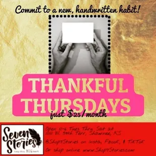 Monthly sub entitles you to a month of Thursday drop-ins to hone the habit of handwritten thank you's! Cards, wax seals, &amp; postage included.