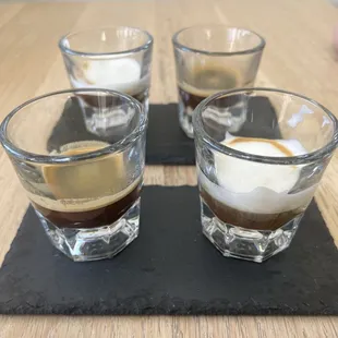 Two &quot;one and one&quot; drinks (a split-shot espresso drink