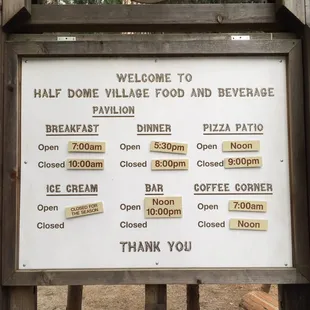 4/24/16: Hours for the pavilion and other Half Dome Village food options