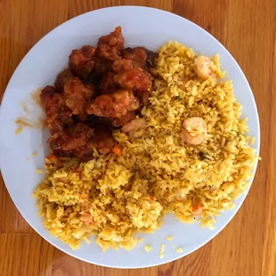General Tsao chicken, shrimp fried rice, crawfish fried rice.