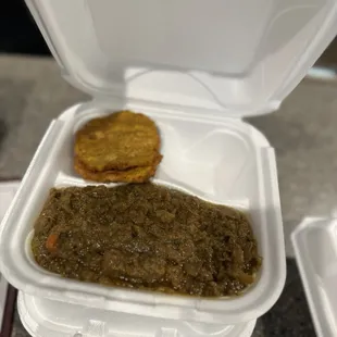 a take out container of food