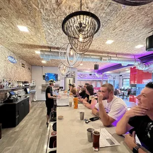 a group of people sitting at a bar