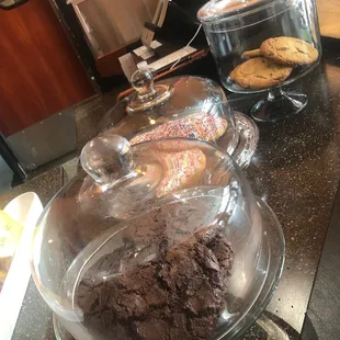 a display of cookies and pastries