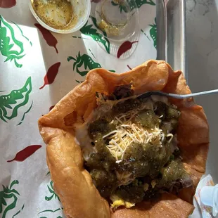 Chefs choice breakfast bowl in taco shell.