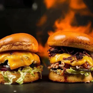 two burgers with meat and cheese